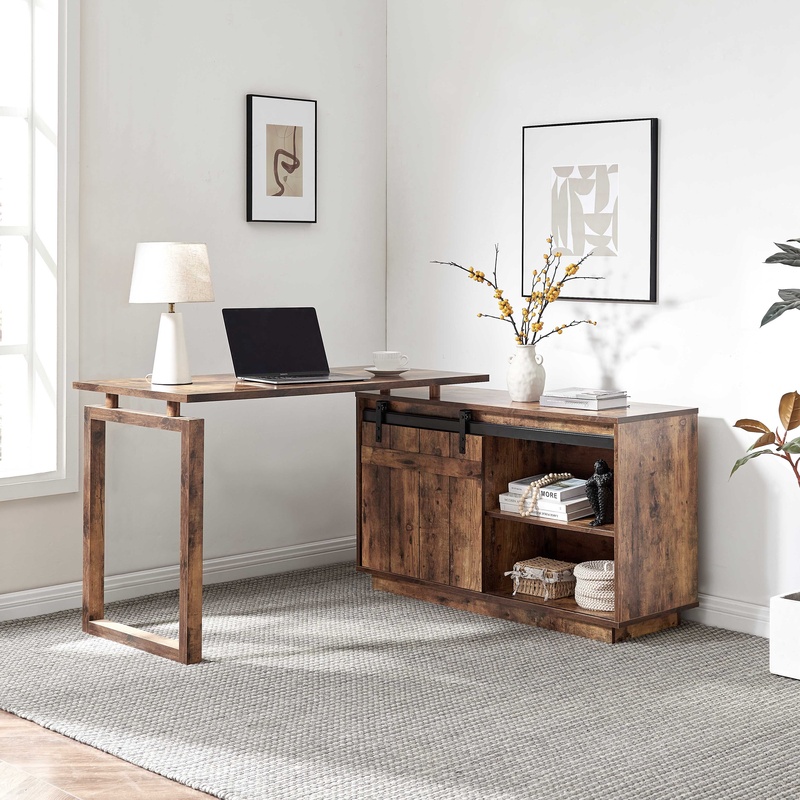 Credenza Office Storage - L-förmiger Schreibtisch mit Credenza-Aufbewahrung und Schiebetür