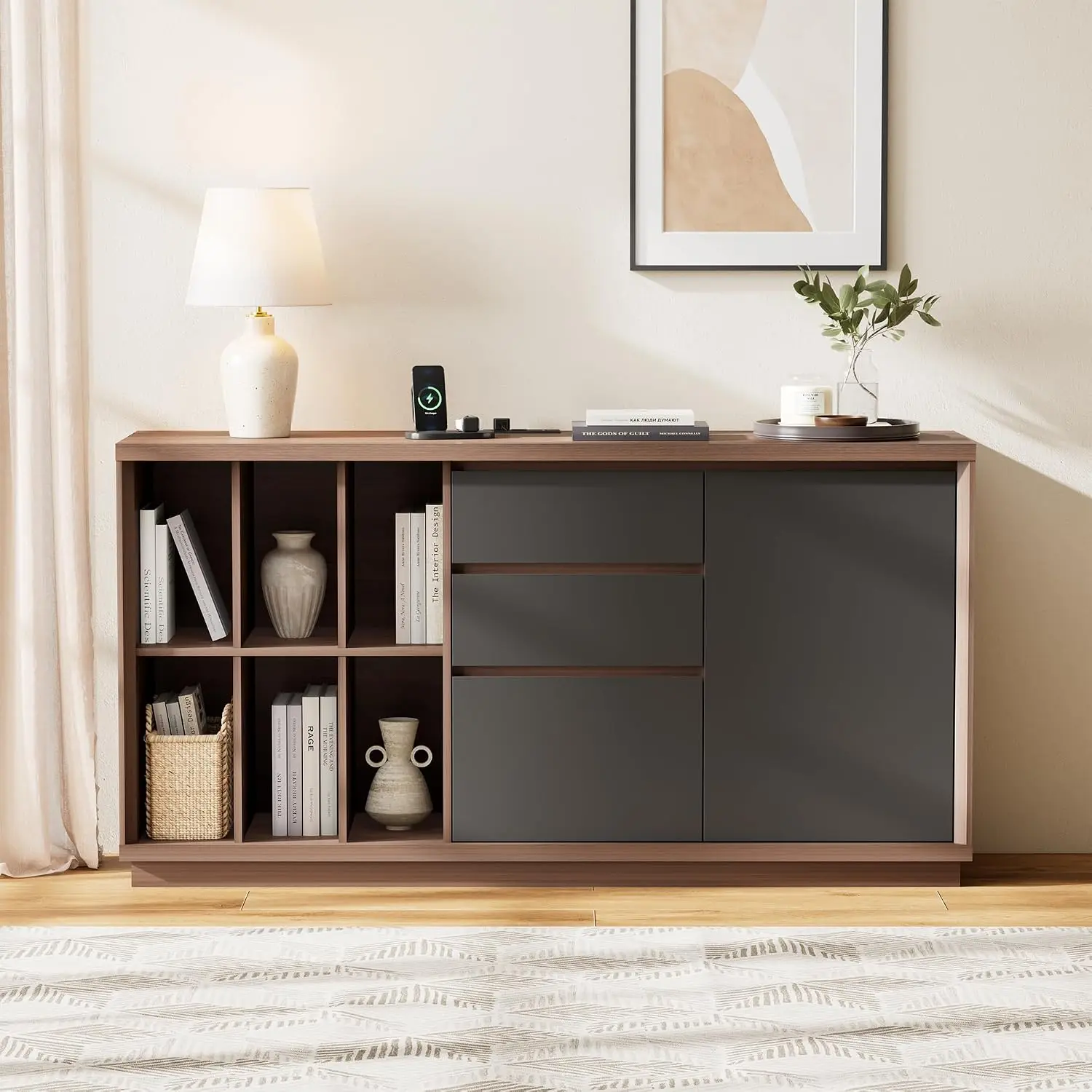 Credenza Office Storage - 60-Zoll-Aktenschrank mit Schubladen und Tür, integrierte
