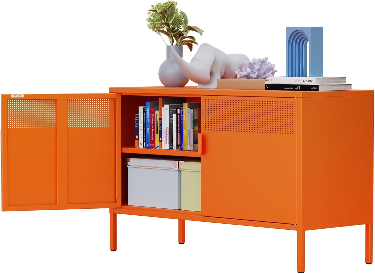 Credenza Office Storage - Orangefarbener breiter Metall-Aufbewahrungsschrank, zweitüriger Akzentschrank für
